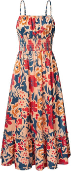 Summer Dresses for Women 2026 Vacation Boho Maxi Sundress | Casual, Smocked Waist, Floral Printed, Spaghetti Strap, Sleeveless, Beach Dresses with Pockets, Fashion Outfits