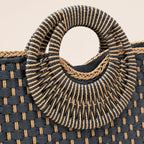 Hand-Woven Straw Bag Women Summer Beach Handbag Purse Retro Rattan Tote Clutch Travel Bag with Wood round Top Handle
