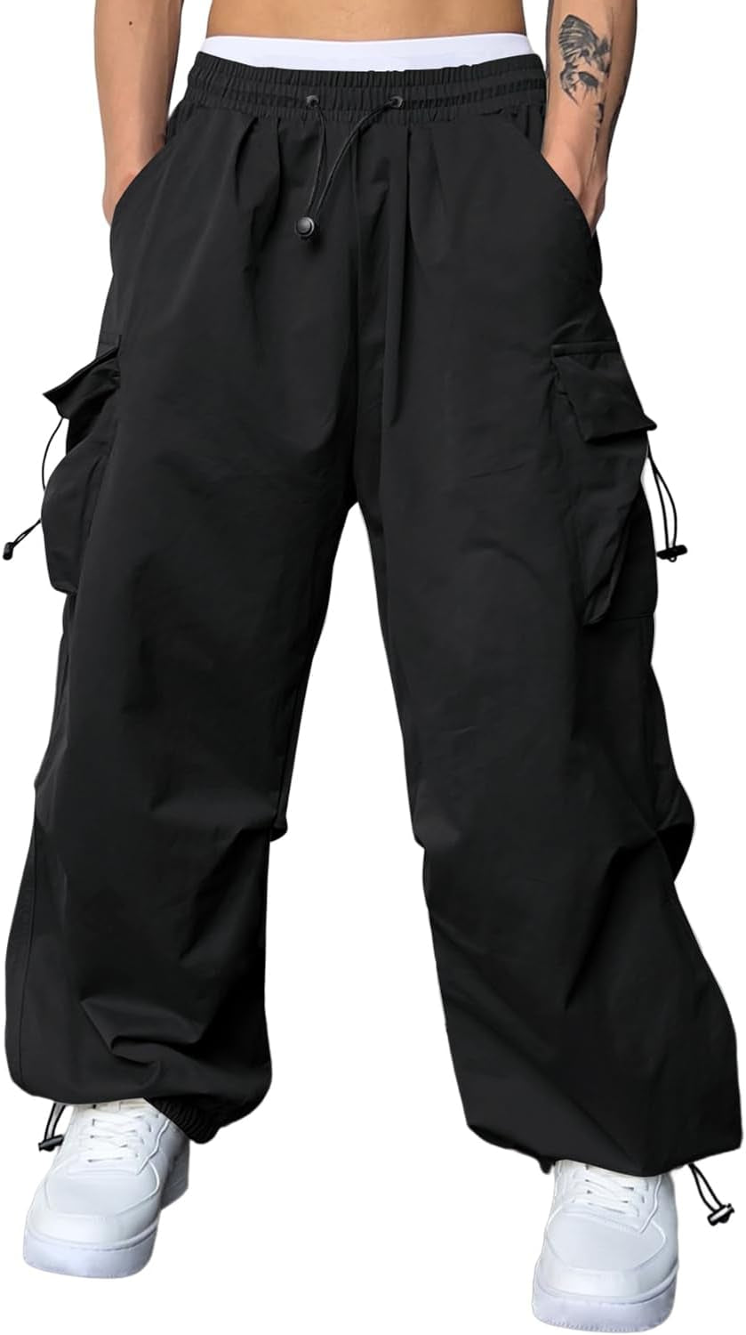 Mens Loose Fit Drawstring Y2K Baggy Parachute Cargo Pants | Harem Joggers, Utility Flap, Deep Side Pockets, Elastic Waistband, Adjustable Hem, Streetwear, Casual Wear, Outdoor Hiking