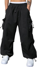Mens Loose Fit Drawstring Y2K Baggy Parachute Cargo Pants | Harem Joggers, Utility Flap, Deep Side Pockets, Elastic Waistband, Adjustable Hem, Streetwear, Casual Wear, Outdoor Hiking