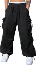 Mens Loose Fit Drawstring Y2K Baggy Parachute Cargo Pants | Harem Joggers, Utility Flap, Deep Side Pockets, Elastic Waistband, Adjustable Hem, Streetwear, Casual Wear, Outdoor Hiking