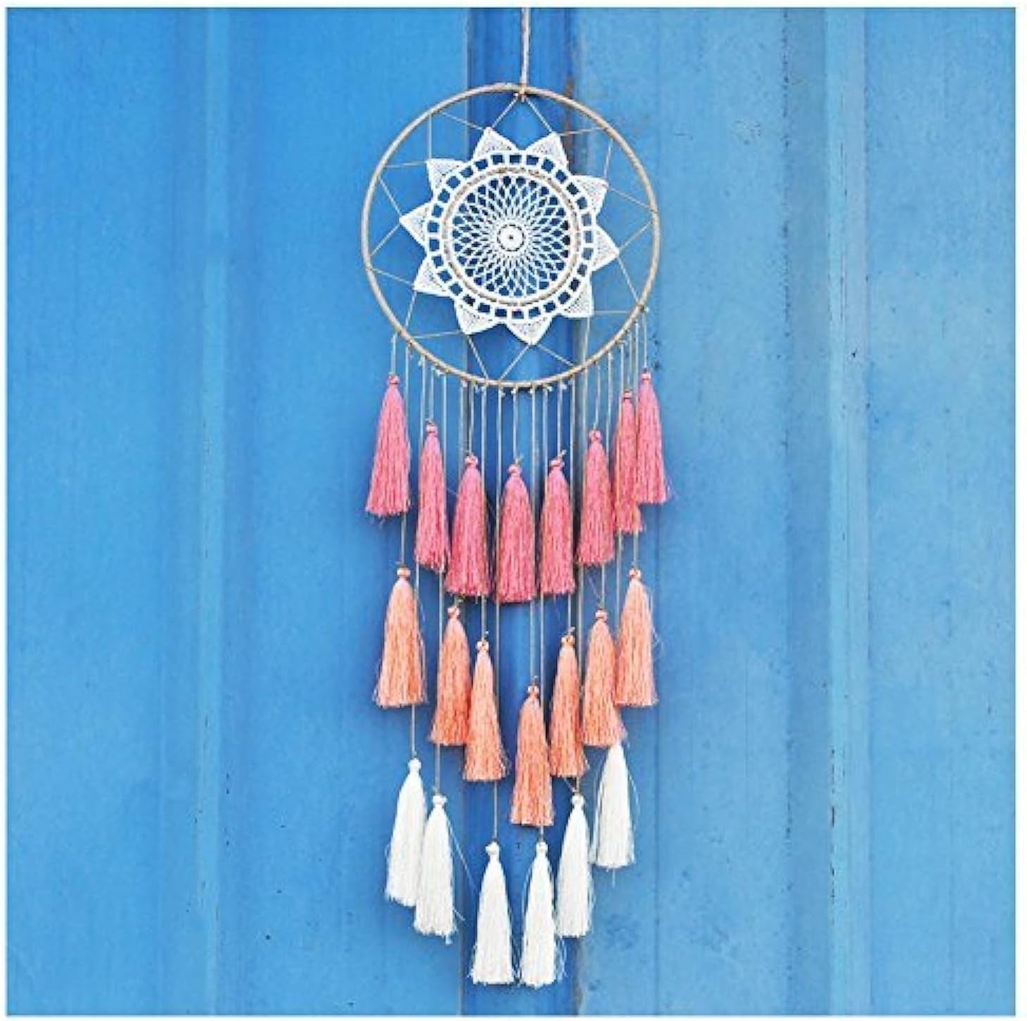 Macrame Dream Catcher Wall Hanging, Pink Large Boho Bedroom Decor | Handmade Tassel Feather Ornament, Natural Cotton, Modern Chic Living Room Nursery Art Decor, Blessing Gift for Women Girls
