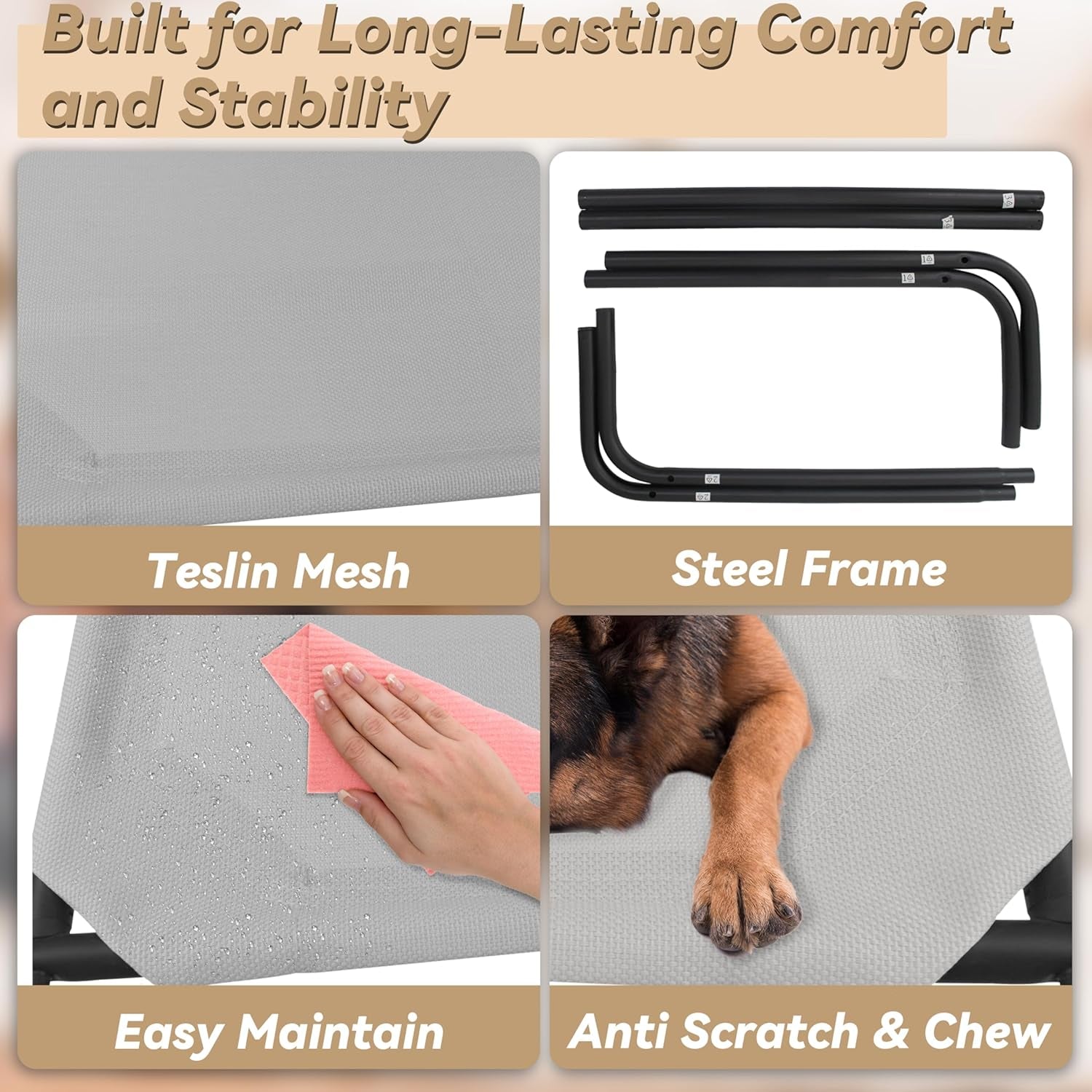 Heavy Duty Steel-Framed Portable Elevated Pet Bed, Elevated Cooling Pet Cot, 43.5" L X 25.5" W X 7.8" H(M, Grey) | Dog Cot Bed with Sturdy Steel Frame for Indoor Outdoor Use, Non Slip, Easy to Clean, 43.5 Inches, Gray