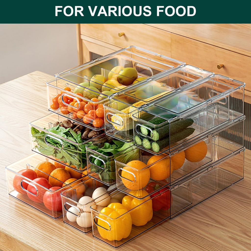Fridge Drawers, 3-Pack Clear Stackable Pull Out Refrigerator Organizer Bins, Food Storage Containers for Kitchen, Freezer, Vanity & Fridge Organization and Storage (2 Small+1 Medium)