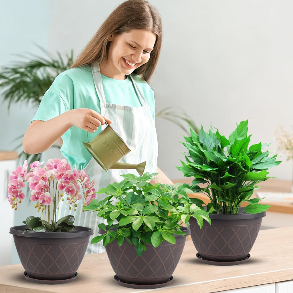 6 Pack 8 Inch Plant Pots, Planters with Drainage Holes & Saucers | Modern Imitation Faux-Fence Texture Plastic Flower Pots for Indoor & Outdoor Plants, Succulents, Flowers, and Herbs (Brown)