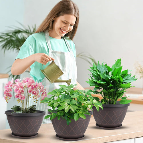 6 Pack 8 Inch Plant Pots, Planters with Drainage Holes & Saucers | Modern Imitation Faux-Fence Texture Plastic Flower Pots for Indoor & Outdoor Plants, Succulents, Flowers, and Herbs (Brown)