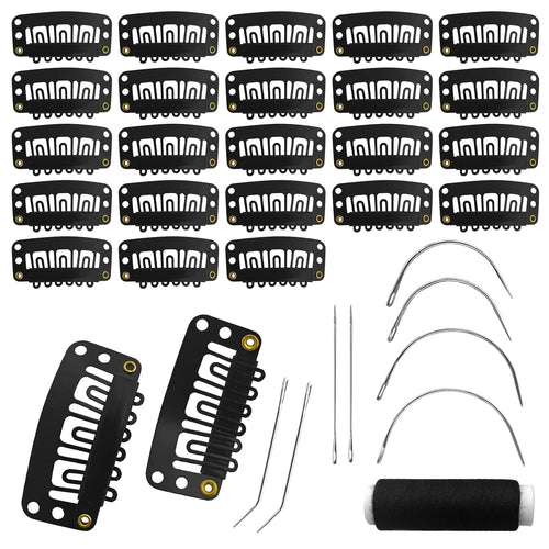 25Pcs 32Mm Hairpieces Snap Clips U Shape Wig Clips for Hair Extensions Making Wig Accessories Set Tools (Black)