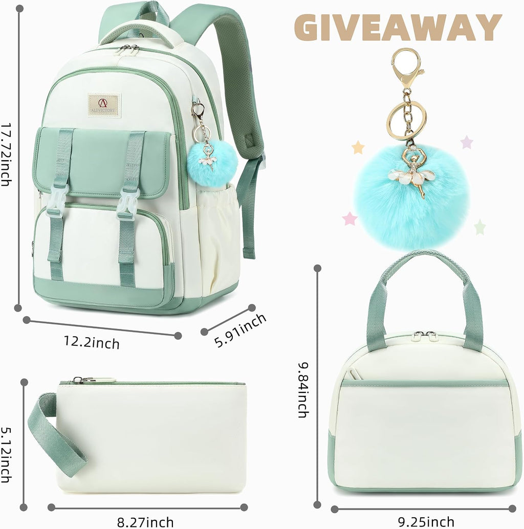 Backpack for Girls 15.6 Inch for School with Lunch Bag Pencil Case | 3PCS Cute Kids Laptop Backpacks Bookbag for Teen Girls Elementary Middle High School Bag College Students Travel Daypack