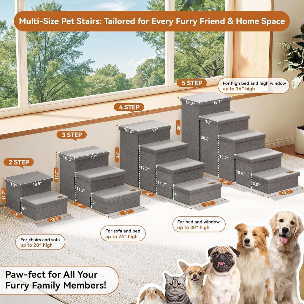 Wider Dog Ramp for High Bed with Storage, Foldable Dog Stairs | 18" H Dog Step for Small Medium Large Older Senior Animal, for Climbing Bed or Couch, Arthritis-Friendly (Gray, No Condo)