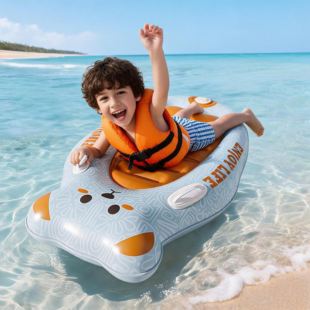 Inflatable Boogie Board for Kids, Penguin Surfboard with Built-In Press Pump, 27.5" Wide Anti-Flip Pool Float, Beach Swim Board with Dual Handles.