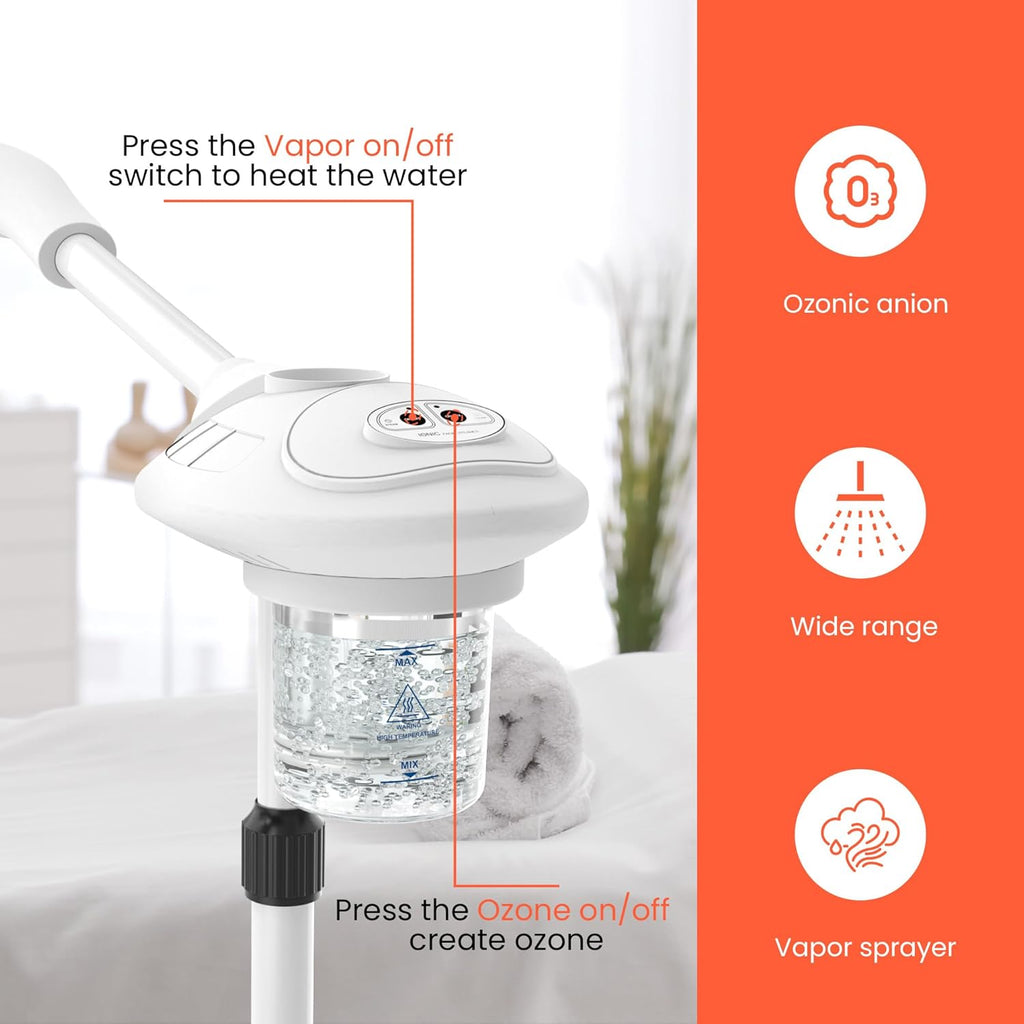 Professional Facial Steamer with Ozone, Vapor Ozono Facial Steamer Professional for Clean Skin, Firm Pores, Esthetician Steamer for Home or Salon Use, Adjustable Height and Angle,White