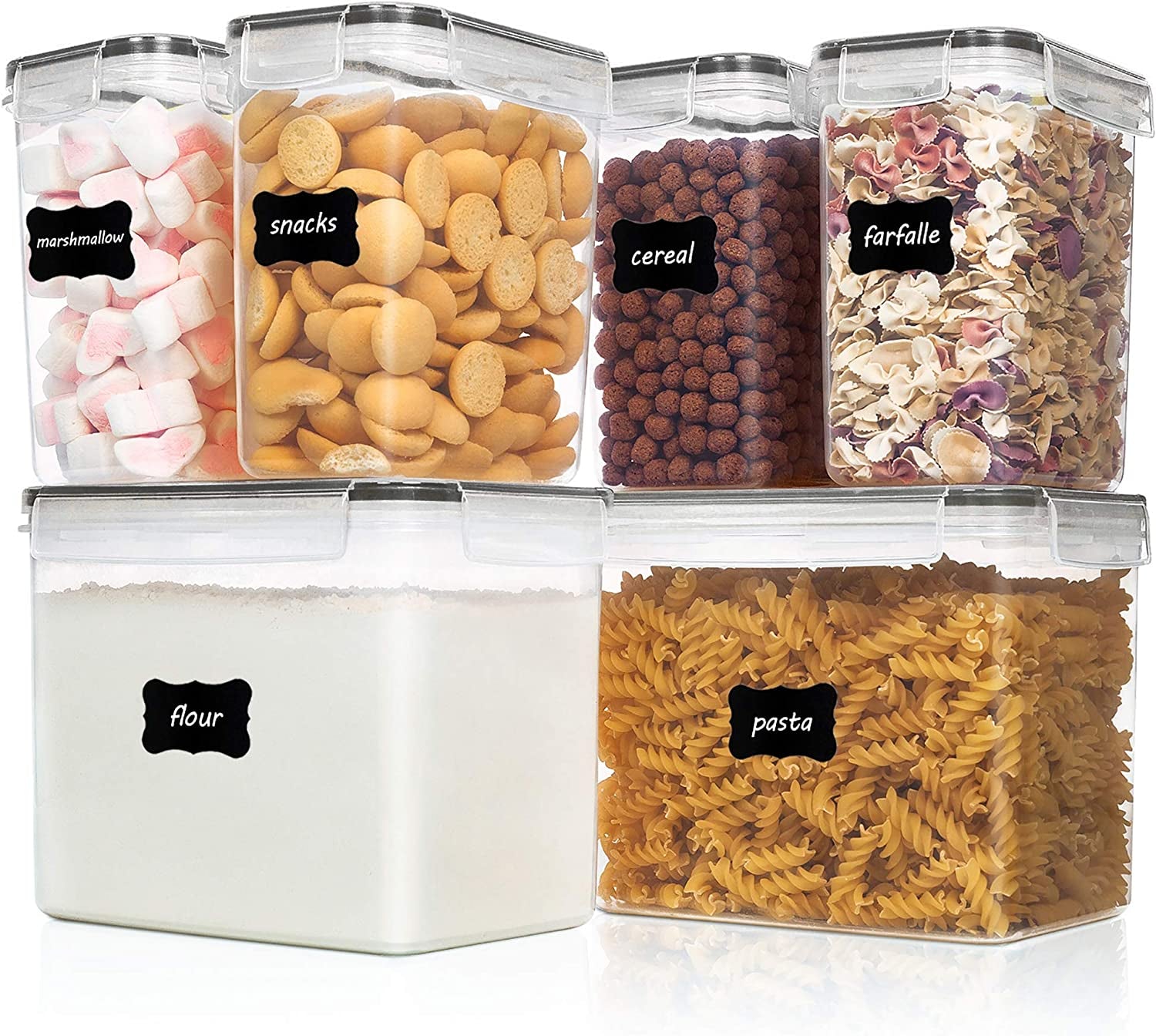 Airtight Food Storage Containers 6 Pieces - Plastic BPA Free Kitchen Pantry Storage Containers for Sugar,Flour and Baking Supplies - Dishwasher Safe - Include 24 Labels, Black | Airtight Bpa-Free Containers Keep Baking Supplies Fresh. Dishwasher Safe Set