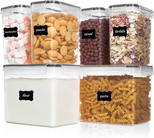Airtight Food Storage Containers 6 Pieces - Plastic BPA Free Kitchen Pantry Storage Containers for Sugar,Flour and Baking Supplies - Dishwasher Safe - Include 24 Labels, Black | Airtight Bpa-Free Containers Keep Baking Supplies Fresh. Dishwasher Safe Set