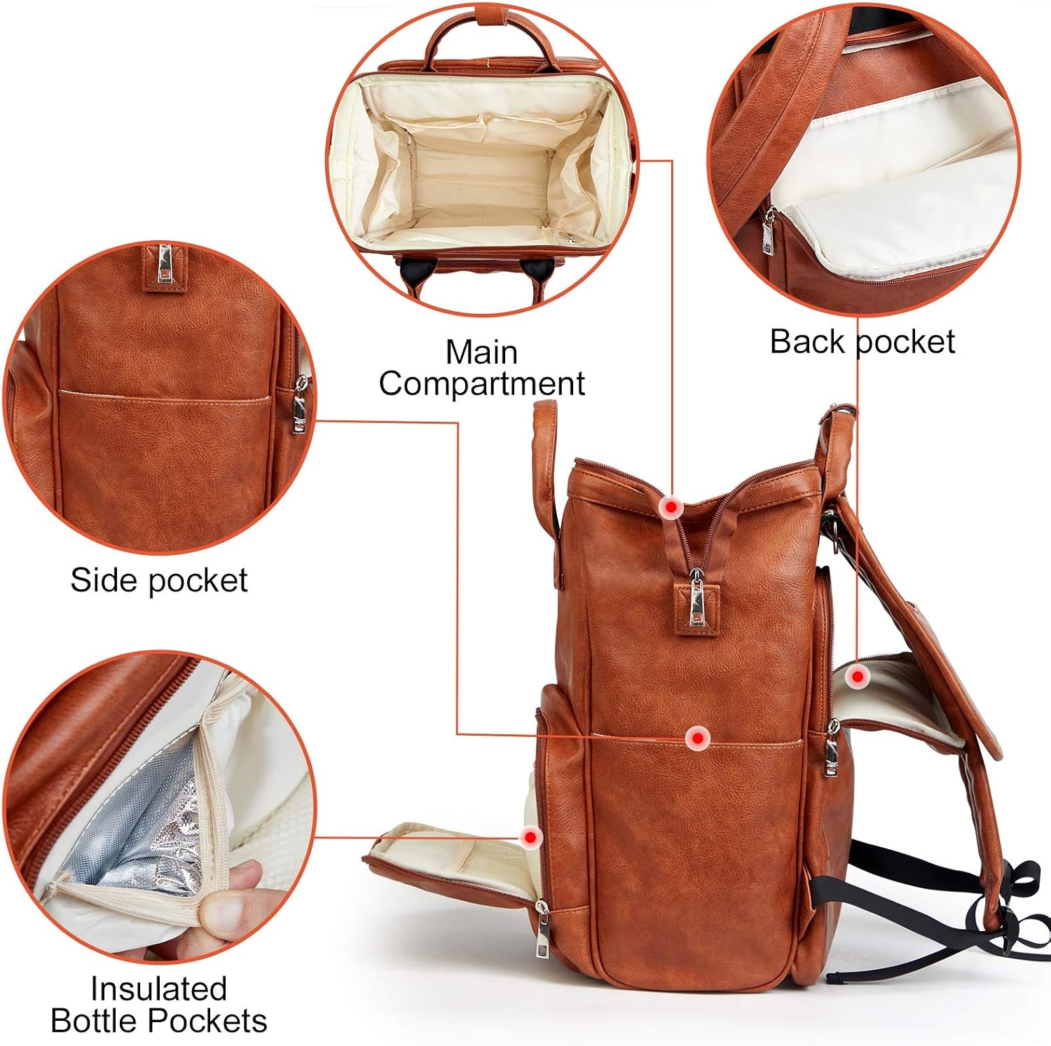 Leather Diaper Bag Backpack with Changing Mat | Travel Backpack Waterproof & Insulated Large Nappy Bag Stroller Straps, 13.8X8X18 Inch (Pack of 1), Travel Backpacks