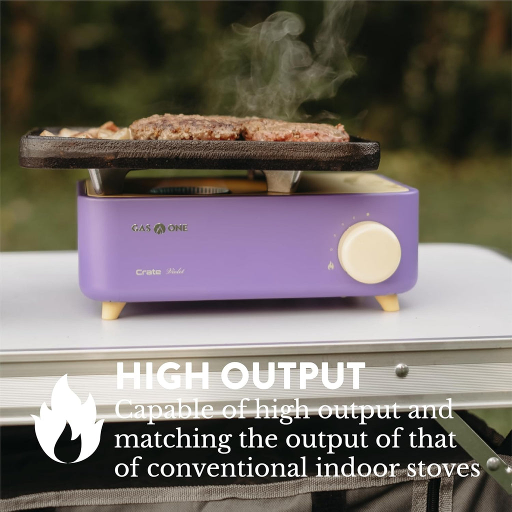 Butane Fuel Camp Stove – Crate Series - Mini Stove for Camping, Hiking – Portable Gas Stove with Spiral Flame – Even Heat Distribution – Modern and Easy to Use (Violet)