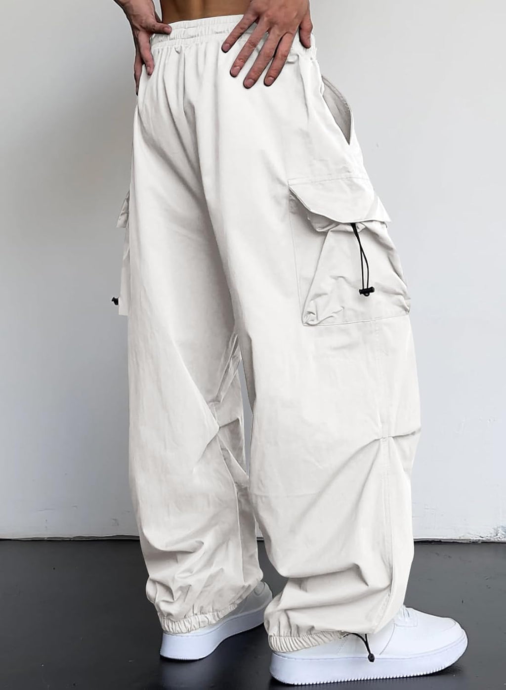 Mens Loose Fit Drawstring Y2K Baggy Parachute Cargo Pants | Harem Joggers, Utility Flap, Deep Side Pockets, Elastic Waistband, Adjustable Hem, Streetwear, Casual Wear, Outdoor Hiking