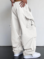 Mens Loose Fit Drawstring Y2K Baggy Parachute Cargo Pants | Harem Joggers, Utility Flap, Deep Side Pockets, Elastic Waistband, Adjustable Hem, Streetwear, Casual Wear, Outdoor Hiking
