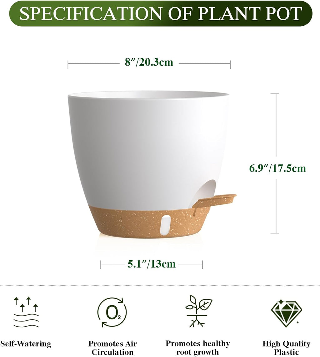 Self Watering Pots with Drainage Holes, 2 Pack 8 Inch Plant Pots with Water Level Indicator Deep Reservoir, Large Plastic Planter for Indoor Outdoor Plants - White Brown