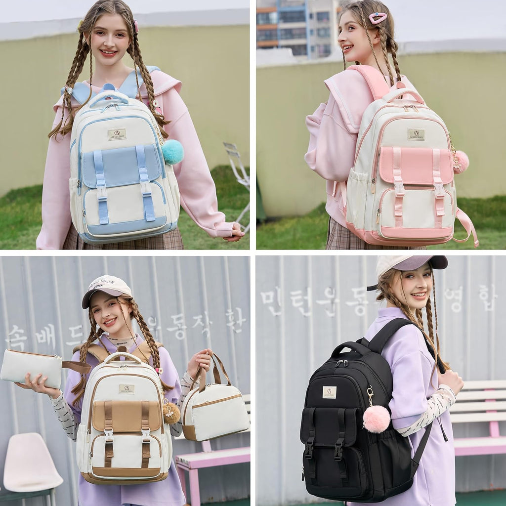 Backpack for Girls 15.6 Inch for School with Lunch Bag Pencil Case | 3PCS Cute Kids Laptop Backpacks Bookbag for Teen Girls Elementary Middle High School Bag College Students Travel Daypack