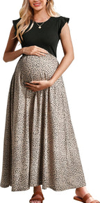 Women'S Ruffle Sleeve Patchwork Maternity Maxi Dress with Pockets | Soft Lightweight Fabric, Crew Neck, Stylish Print, Relaxed Fit, Baby Shower, Maternity Photoshoot, Casual, Daily Wear