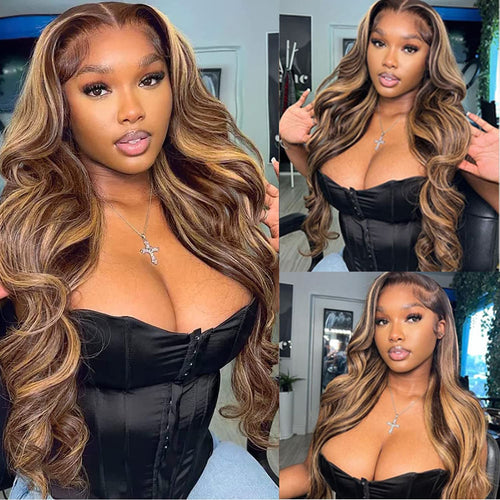 20 Inch Highlight Ombre 13X4 HD Lace Front Wig Human Hair Transparent 4/27 Honey Blonde Lace Frontal Wigs with Baby Hair 180% Density Colored Body Wave Lace Front Wig Human Hair for Women