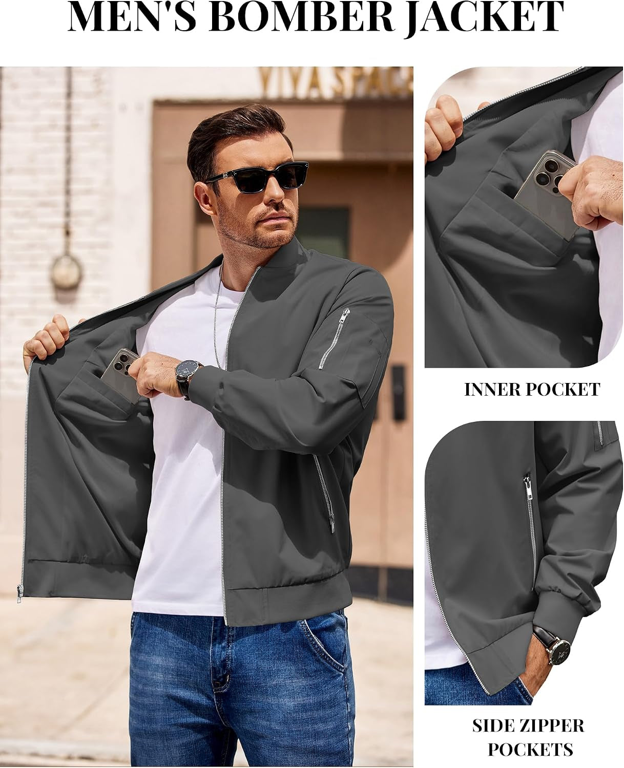 Men Bomber Jacket Lightweight Casual Fashion Stylish Windbreaker | Zip up Bomber Jacket, Water & Wind Proof Jacket with Zip Pocket, Fashion Stylish Lightweight Windbreaker for Spring Fall