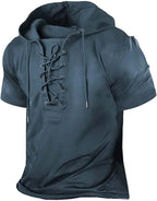 Mens Retro Tactical Short Sleeve Hoodies Outdoor Sports Henley Shirts Distressed Lace up Hooded Shirts A-Navy Blue,X-Large