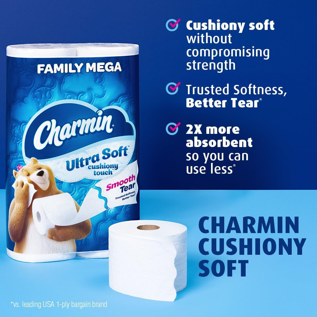 Ultra Soft Cushiony Touch Toilet Paper, 24 Family Mega Rolls = 123 Regular Rolls