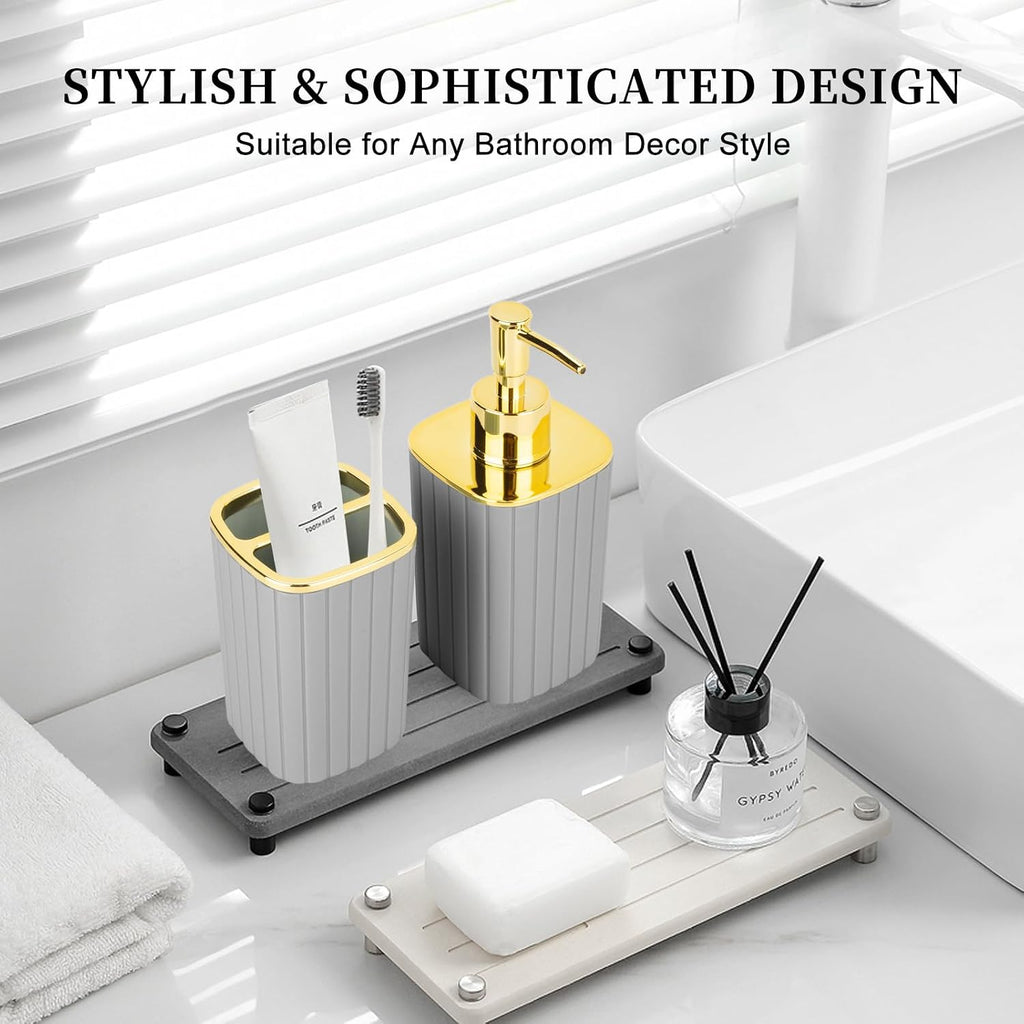 Grey Bathroom Soap Dispenser and Toothbrush Holder for Boho Bathroom Decor | 2 Piece Bathroom Accessories Set for Bathroom Countertop Storage and Housewarming Gifts
