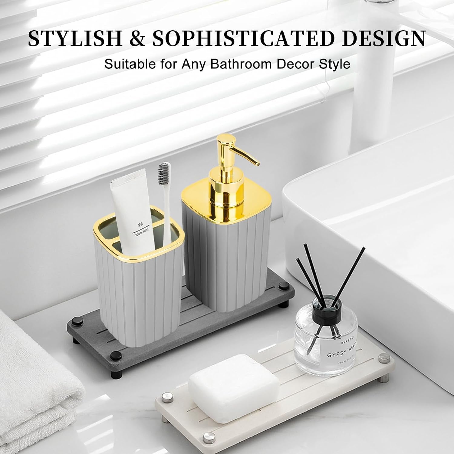 Grey Bathroom Soap Dispenser and Toothbrush Holder for Boho Bathroom Decor | 2 Piece Bathroom Accessories Set for Bathroom Countertop Storage and Housewarming Gifts