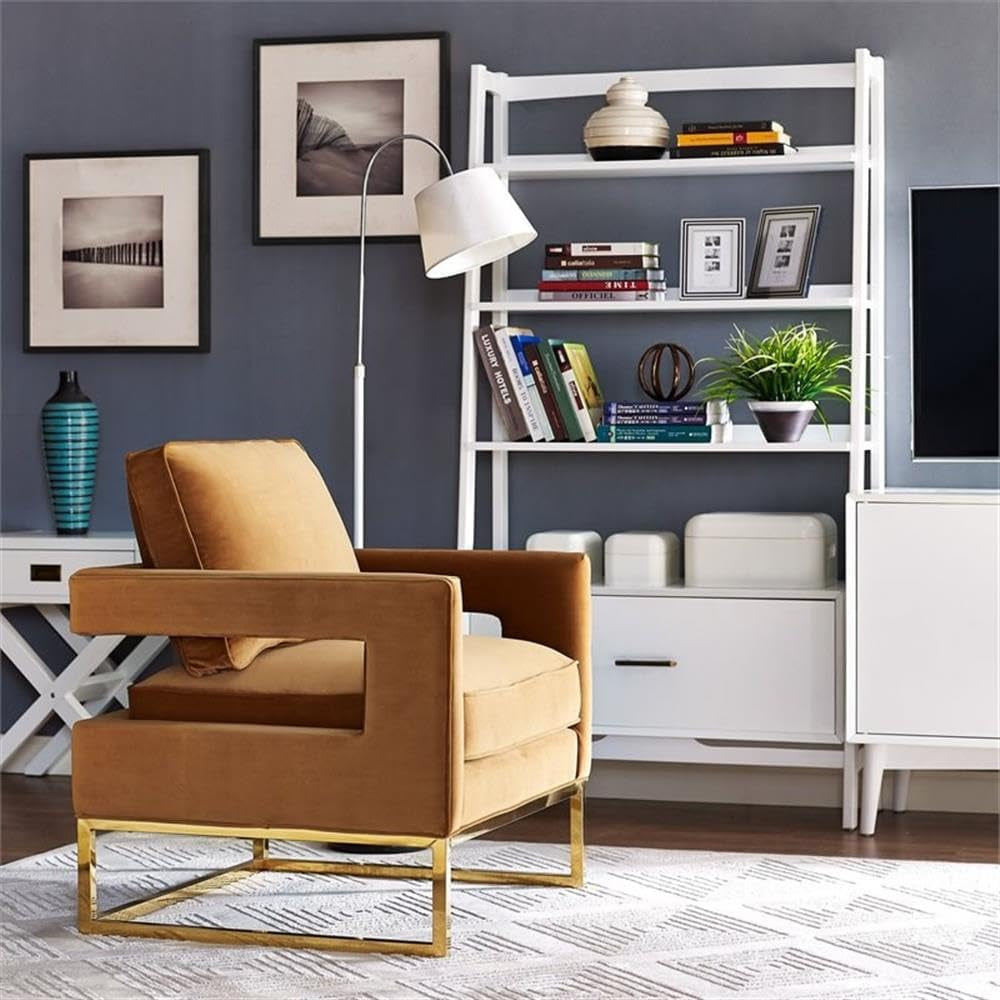 the Avery Collection Modern Style Living Room Den Leather Upholstered Armchair with Gold Legs, Cognac