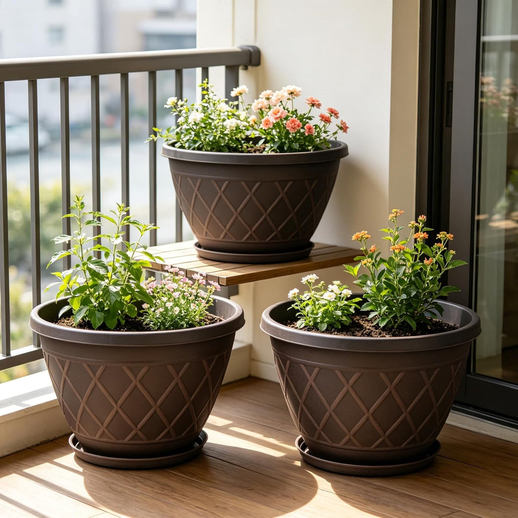 6 Pack 8 Inch Plant Pots, Planters with Drainage Holes & Saucers | Modern Imitation Faux-Fence Texture Plastic Flower Pots for Indoor & Outdoor Plants, Succulents, Flowers, and Herbs (Brown)