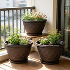 6 Pack 8 Inch Plant Pots, Planters with Drainage Holes & Saucers | Modern Imitation Faux-Fence Texture Plastic Flower Pots for Indoor & Outdoor Plants, Succulents, Flowers, and Herbs (Brown)