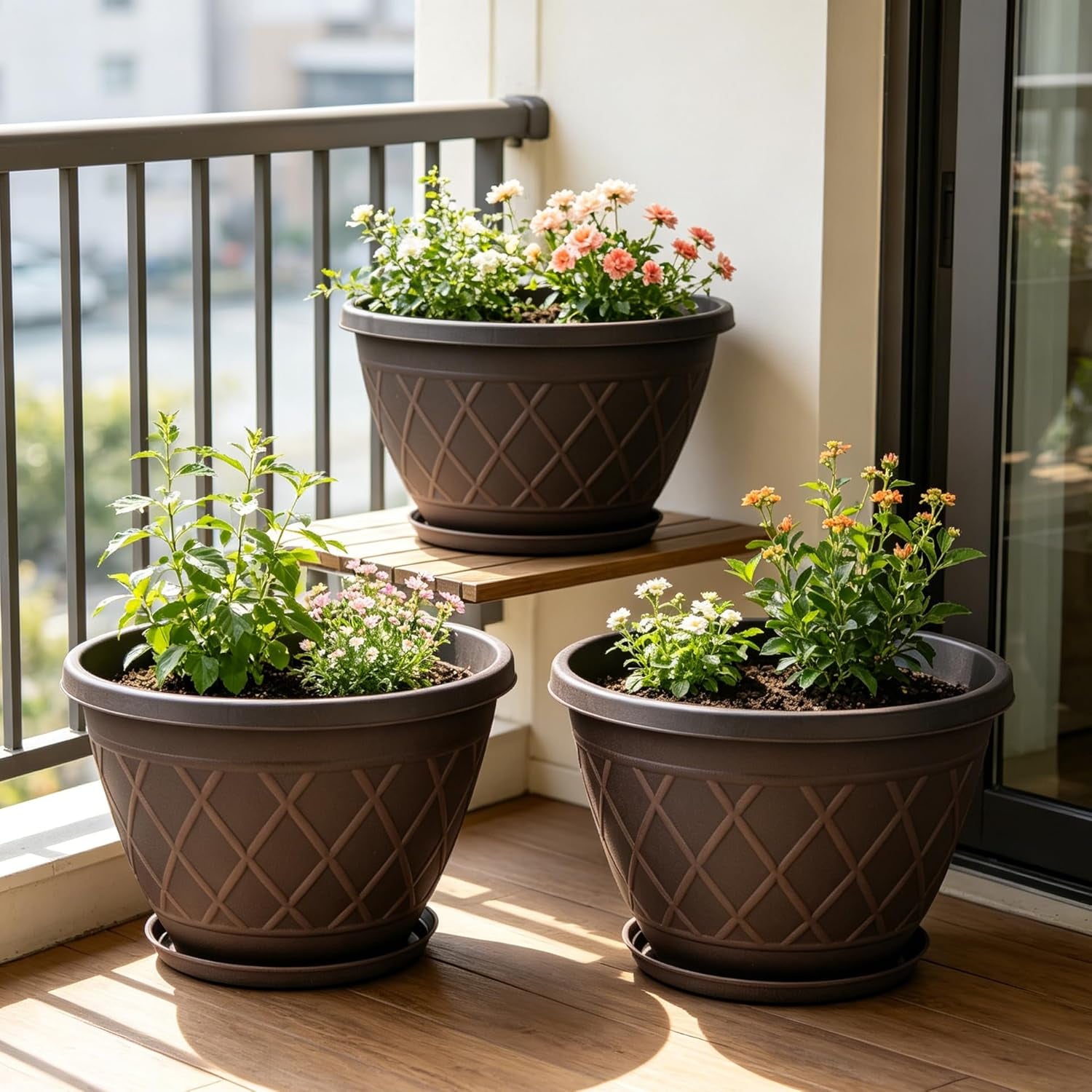 6 Pack 8 Inch Plant Pots, Planters with Drainage Holes & Saucers | Modern Imitation Faux-Fence Texture Plastic Flower Pots for Indoor & Outdoor Plants, Succulents, Flowers, and Herbs (Brown)