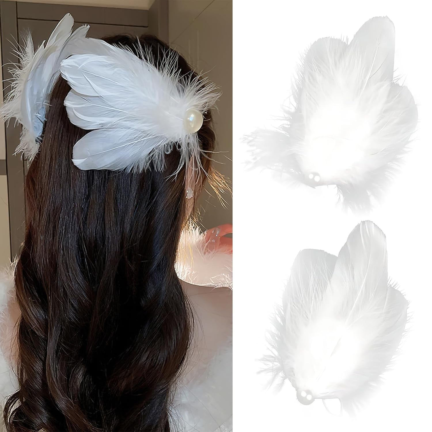 2 Pcs White Swan Feather Hair Clips Pearl Ostrich Hair Pins Ballet Style Stage Performance Headpiece Hair Accessories for Women Girls