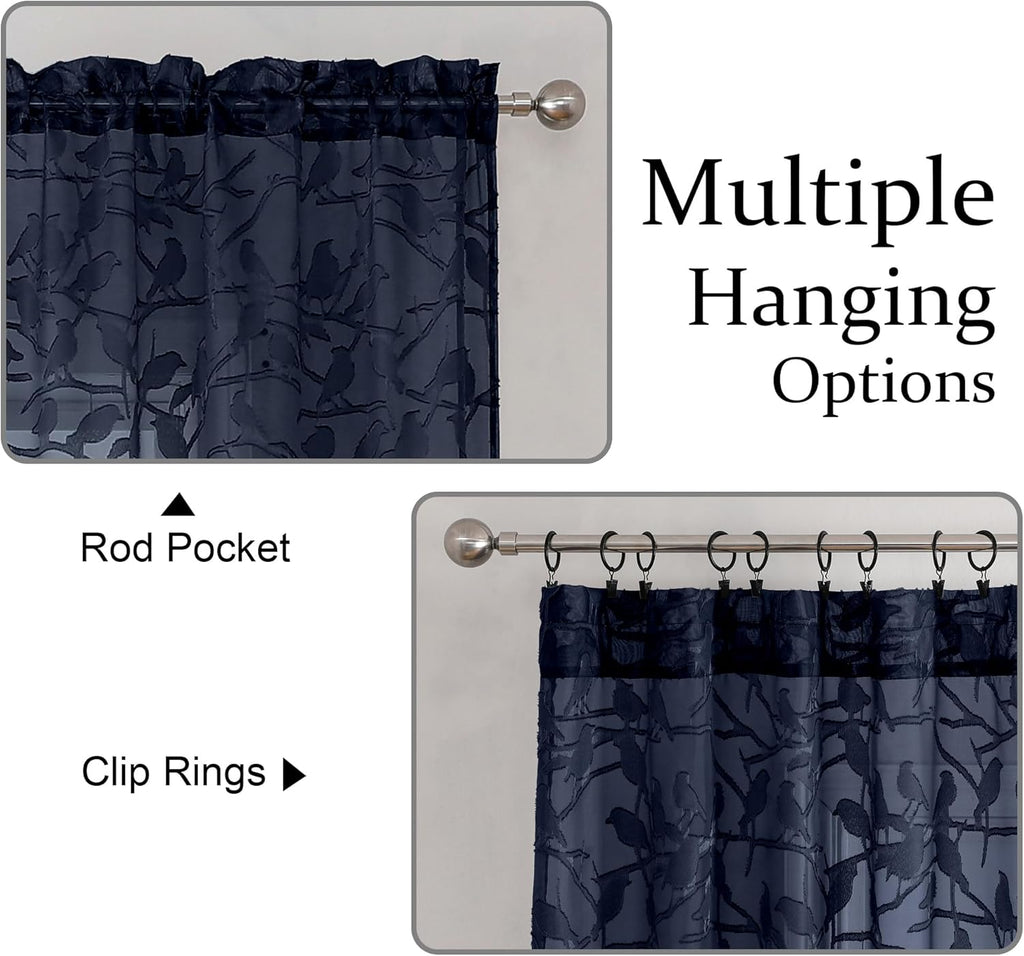 Textured Navy Blue Sheer Curtains 84 Inches Long 2 Panels Set, Light Filtering Leaf Bird Jacquard Voile Semi Sheer Curtains for Bedroom, Dual Rod Pocket Farmhouse Window Drapes, 2X38Wx84L Inches