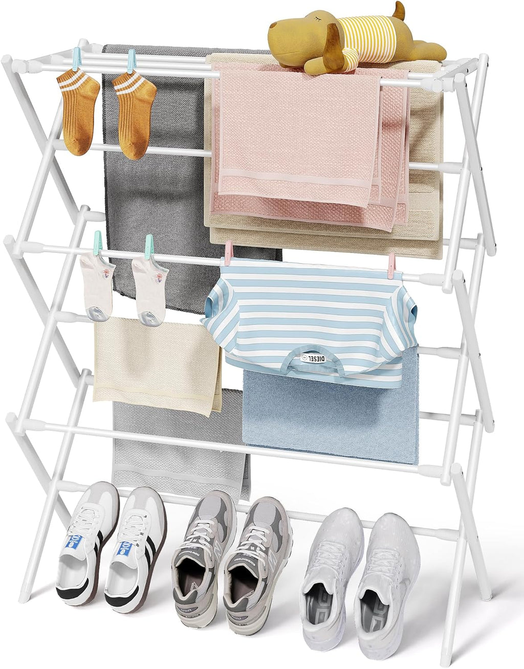 Foldable Clothes Drying Rack – Metal Laundry Drying Rack with Non-Slip Feet, 3-Tier Space-Saving Clothing Rack for Organization, Indoor & Outdoor Use, 11.4" D X 29.1" W X 37.4" H, White