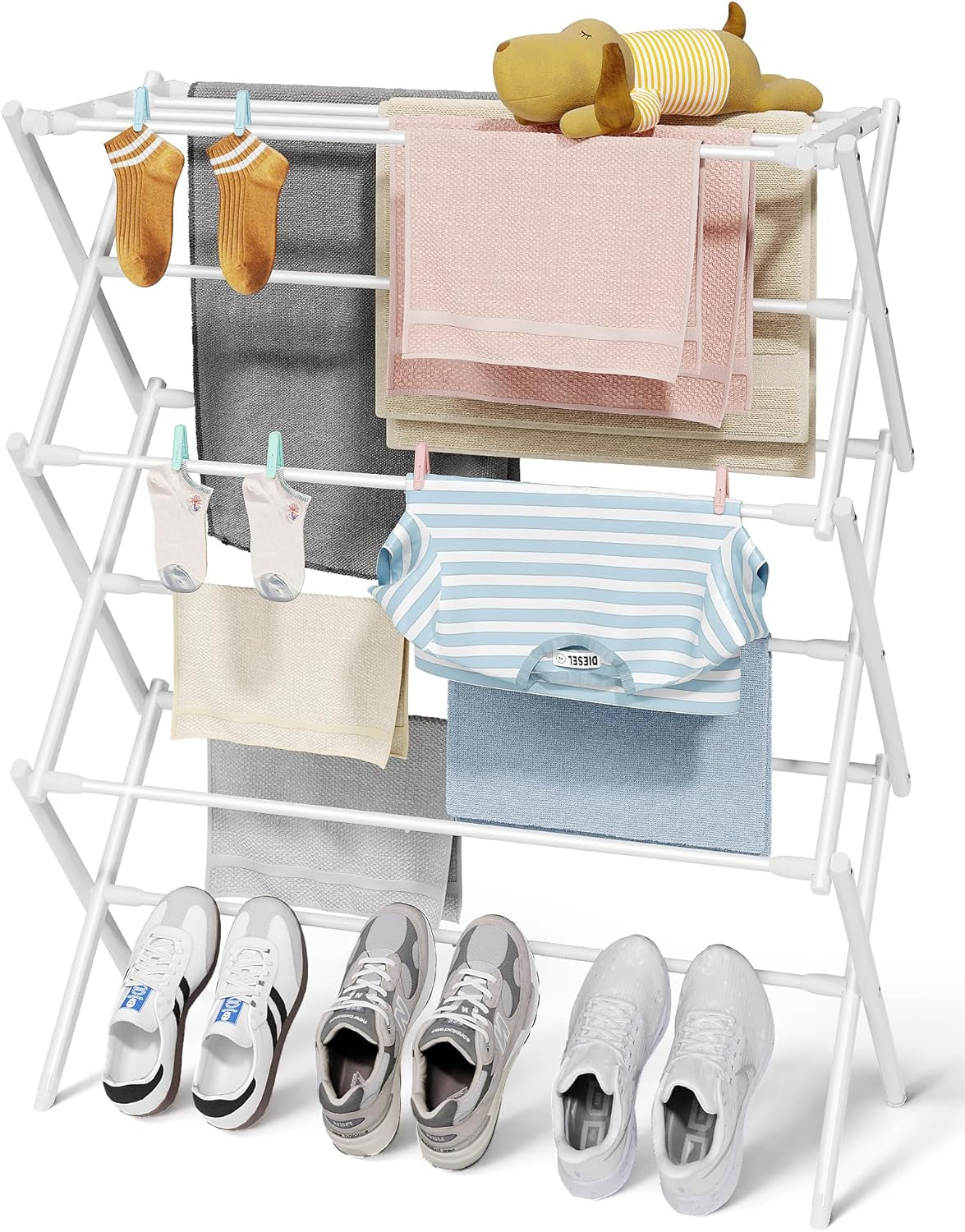 Foldable Clothes Drying Rack – Metal Laundry Drying Rack with Non-Slip Feet, 3-Tier Space-Saving Clothing Rack for Organization, Indoor & Outdoor Use, 11.4" D X 29.1" W X 37.4" H, White