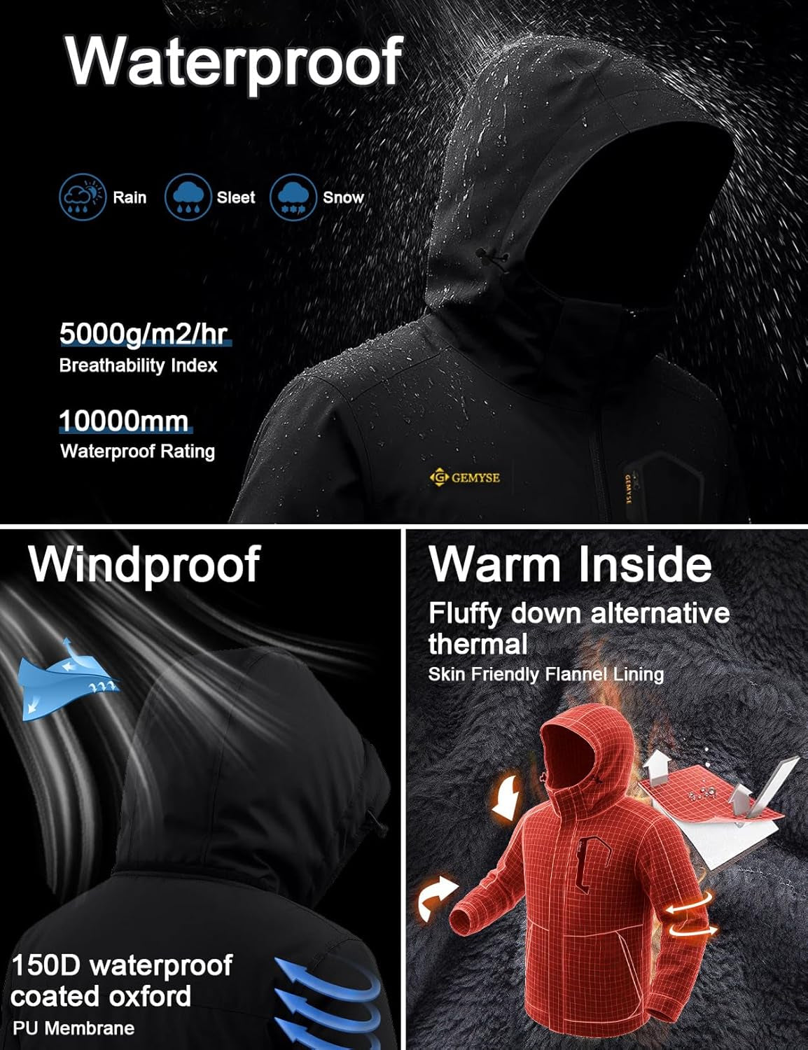 Men'S Waterproof Ski Jacket Winter Snow Coat with Detachable Hood | Windproof, Fleece-Lined, Warm, Multiple Pockets, for Snowboarding and Cold Weather, Rain Jacket