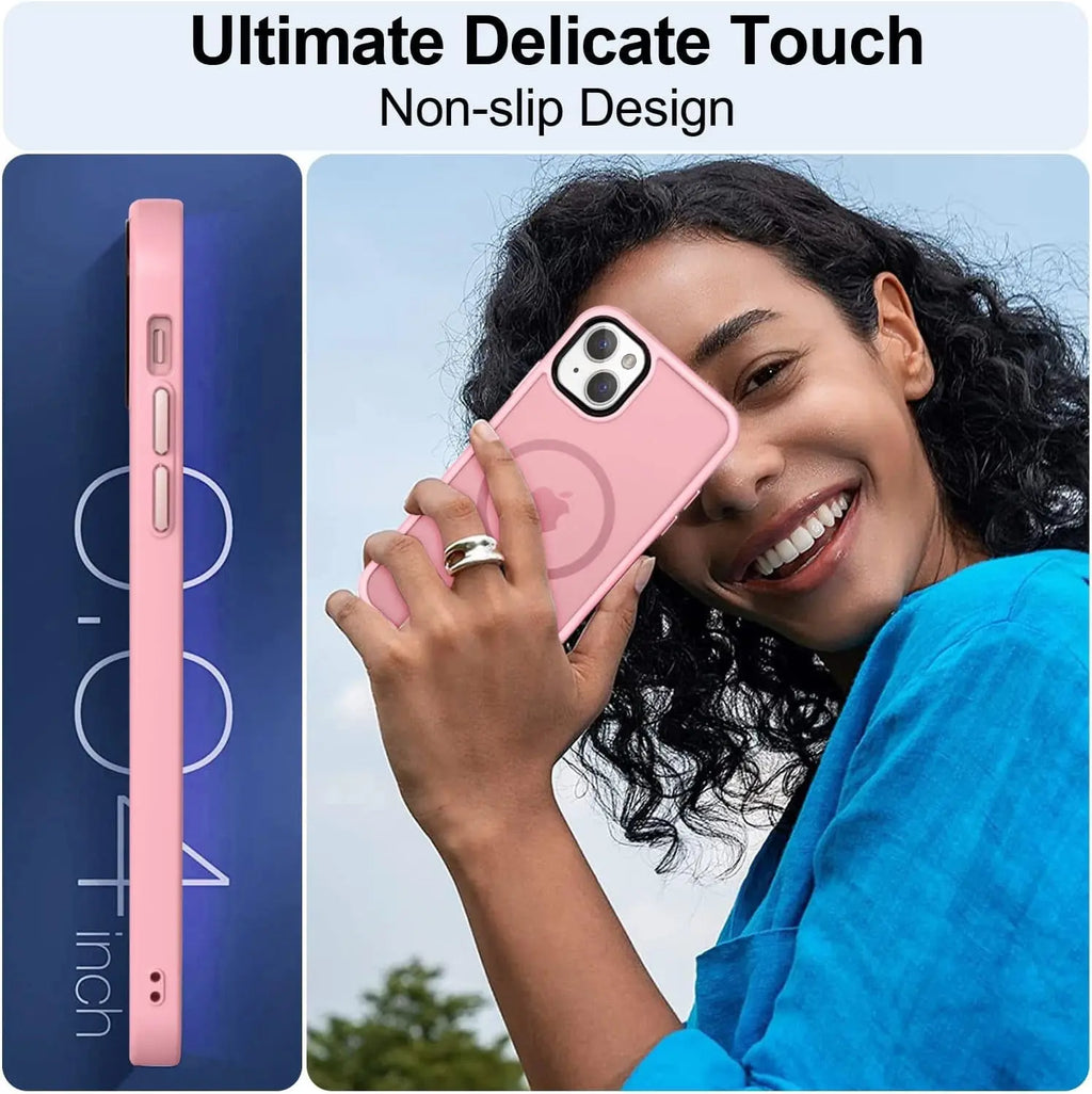 Strong Magnetic for Iphone 13 Case, [Compatible with Magsafe][Screen Protector+Camera Lens Protector] Translucent Matte Back Slim Shockproof Case for Iphone 13 Phone Case 6.1", Pink