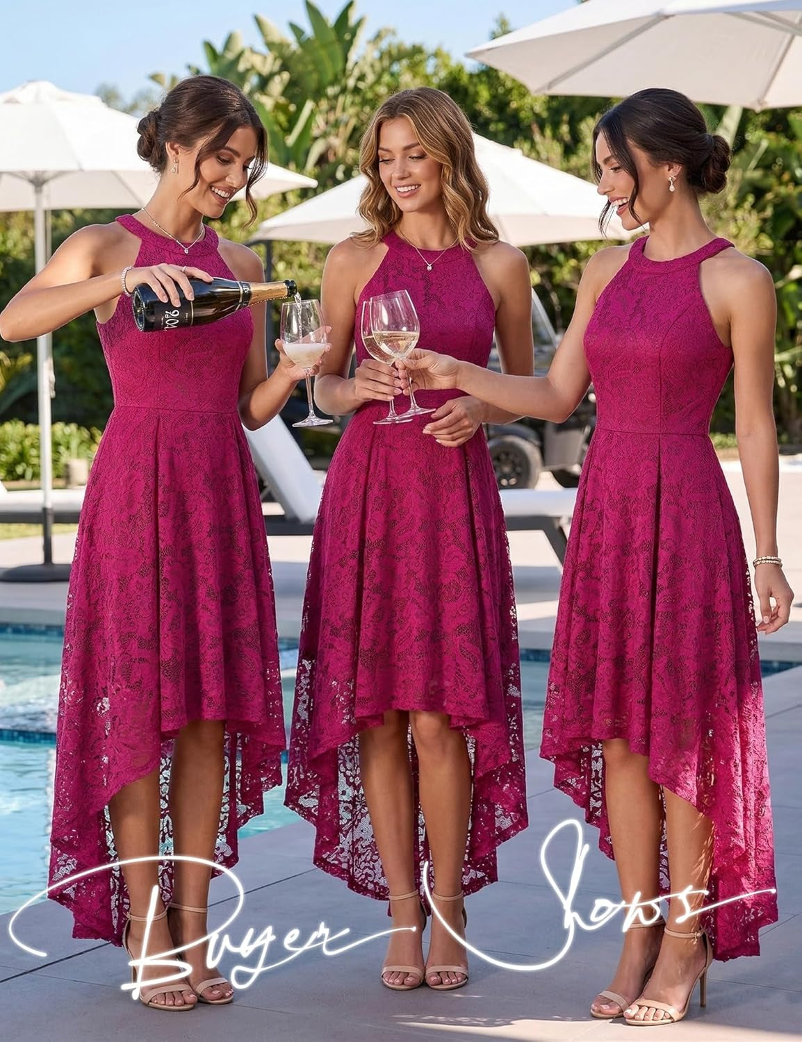 Women Halter Lace Hi Lo Wedding Guest Cocktail Formal Dress | Bridesmaid Wedding Dresses,Sleeveless,Halter Top Neckline,High Low Hem,Elegant a Line Design,Soft Floral Lace Party Dress
