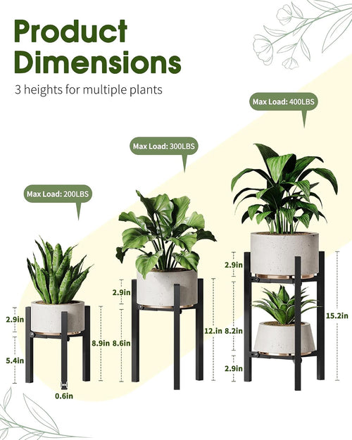 3 Pack Plant Stand Indoor Adjustable, Metal Modern Indoor Plant Stand, Heavy Duty Single Plant Stands Outdoor Corner, Stable Plant Holder Indoor Stand, Fits 8 to 12 Inches Pots, Black