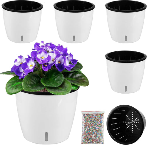 6.7 Inch Self Watering Pots for Indoor Plants, 4 Packs African Violet Pots with Indicator, Black Wick Pot with Drainage Holes, Self Watering Planters for Orchid, Devil'S Ivy, White
