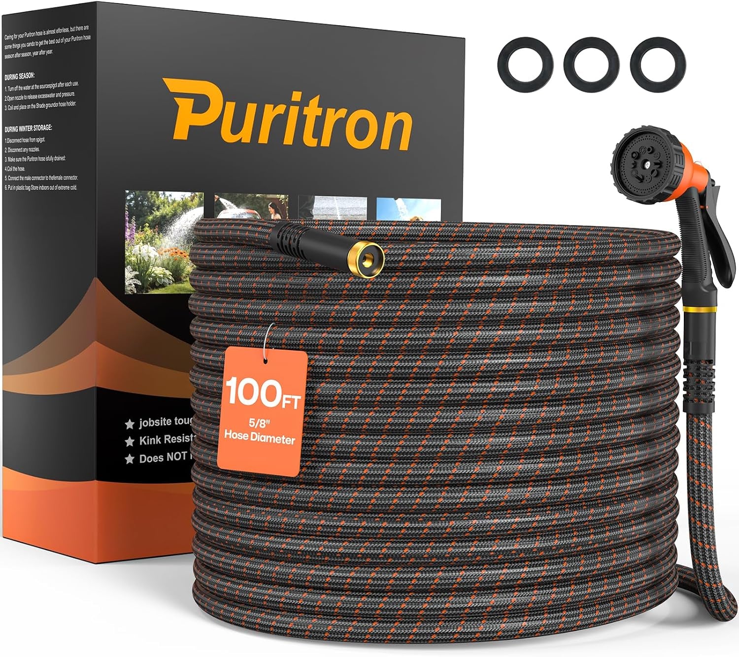Garden Hose 100Ft NON-EXPANDABLE Water Hose, 3-Layer Lightweight Nylon Braided Hose for Yard, Car Wash & Pet Shower, 600 PSI Burst Heavy Duty Kink-Free with 10-Way Nozzle & 3/4" Brass Fittings