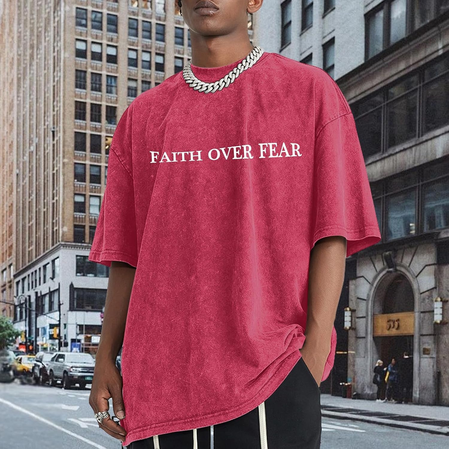 Christian Faith over Fear Shirt for Men Jesus Religious Shirts Oversized Graphic Tees Acid Wash God T-Shirt