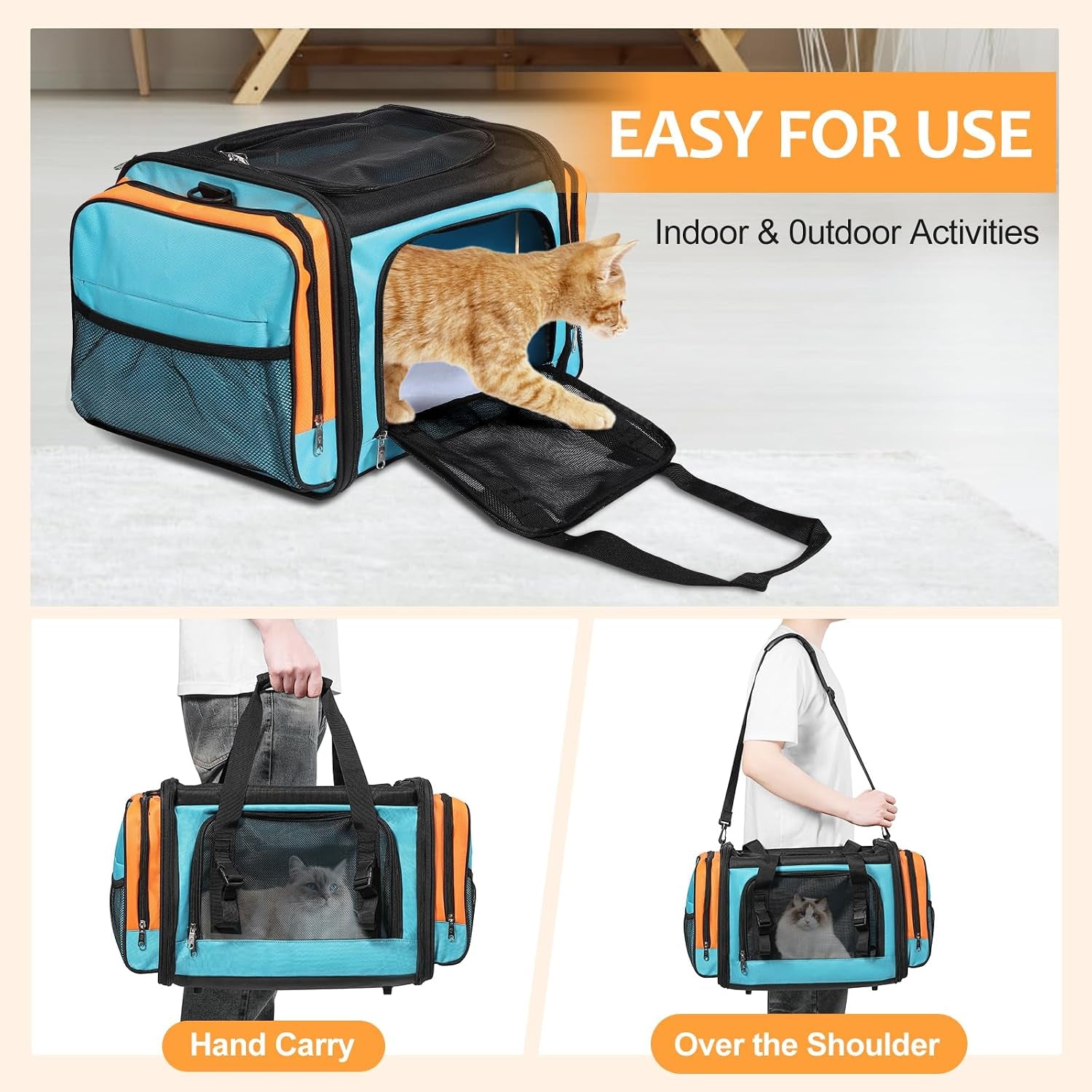 Large Cat Carrier for 2 Cats, Pet Carrier, Dog Carrier for Small Dogs, Cat Carrier Soft, Collapsible Large Pet Carrier for Traveling Indoor and Outdoor Uses - Blue 23"X13"X13"
