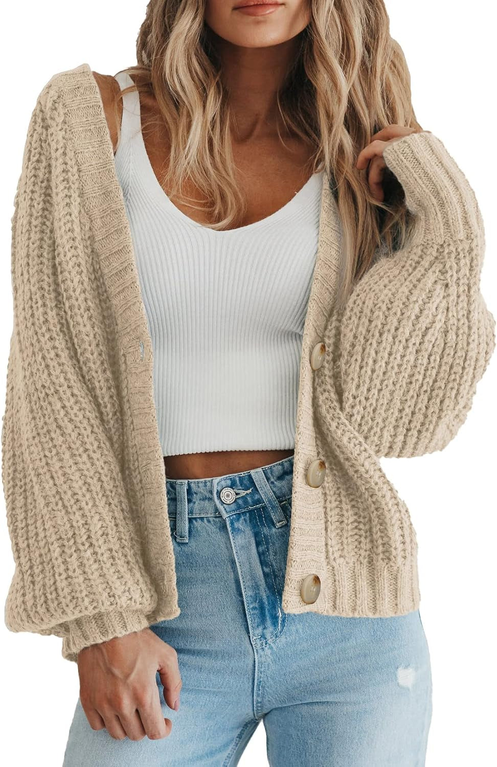Women'S Chunky Knit Open Front Cardigan Sweaters Fall Outfits | V Neck Button Loose Short Cardigan Outerwear Coats, Slouchy Drop Shoulder Loose Cute Sweaters, Fall Clothes for Work & Office