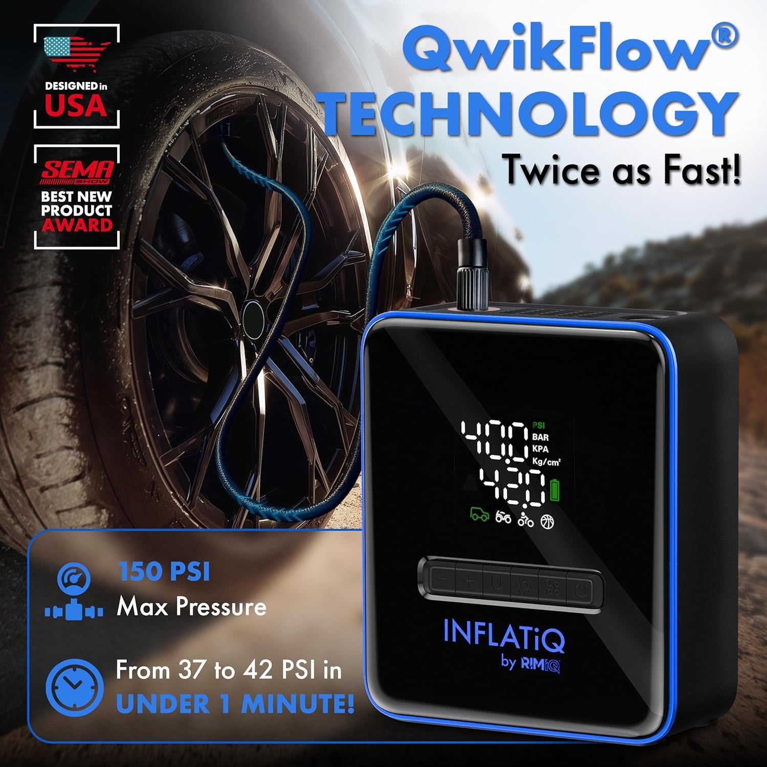 Inflatiq by  Tire Inflator Blue - Powerful, Award-Winning QWIKFLOW Technology with 2 Portable Power Options Included - Strong Vehicle Air Pump for Trucks, Cars, Motorcycles, Bicycles, Balls