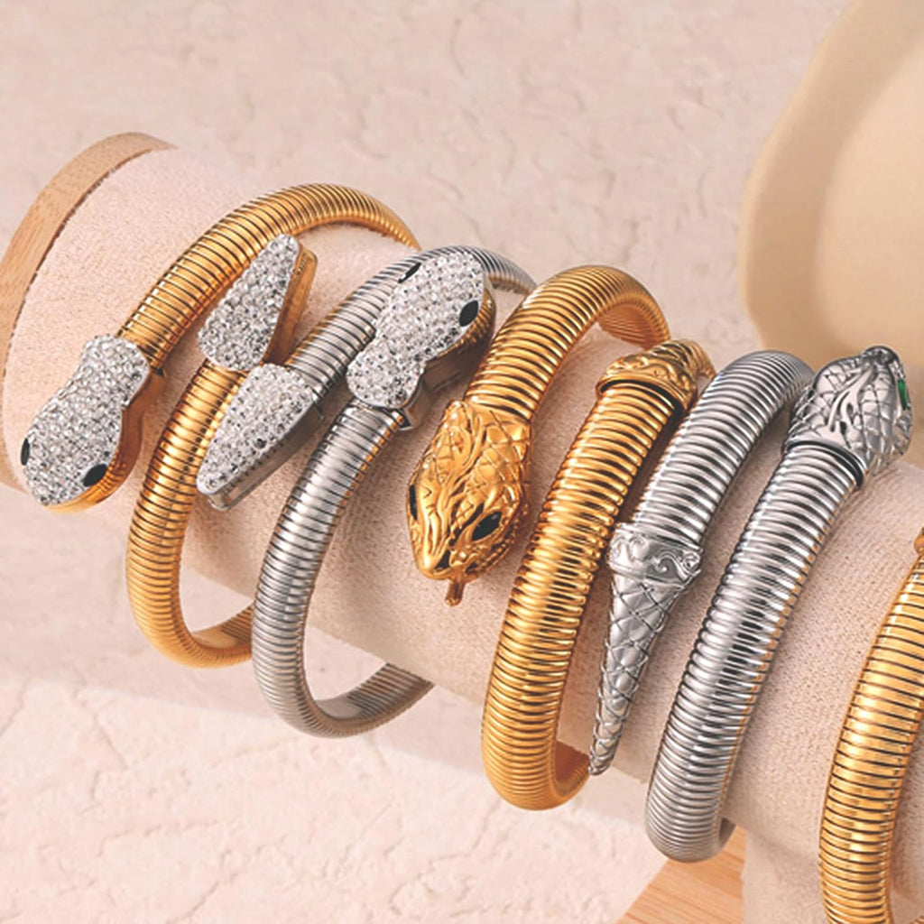 Snake Bangle Open Cuff Bracelet for Women | Cubic Zirconia, Stretch Bracelets, Sparkly, Cocktail, Evening Jewelry Gift