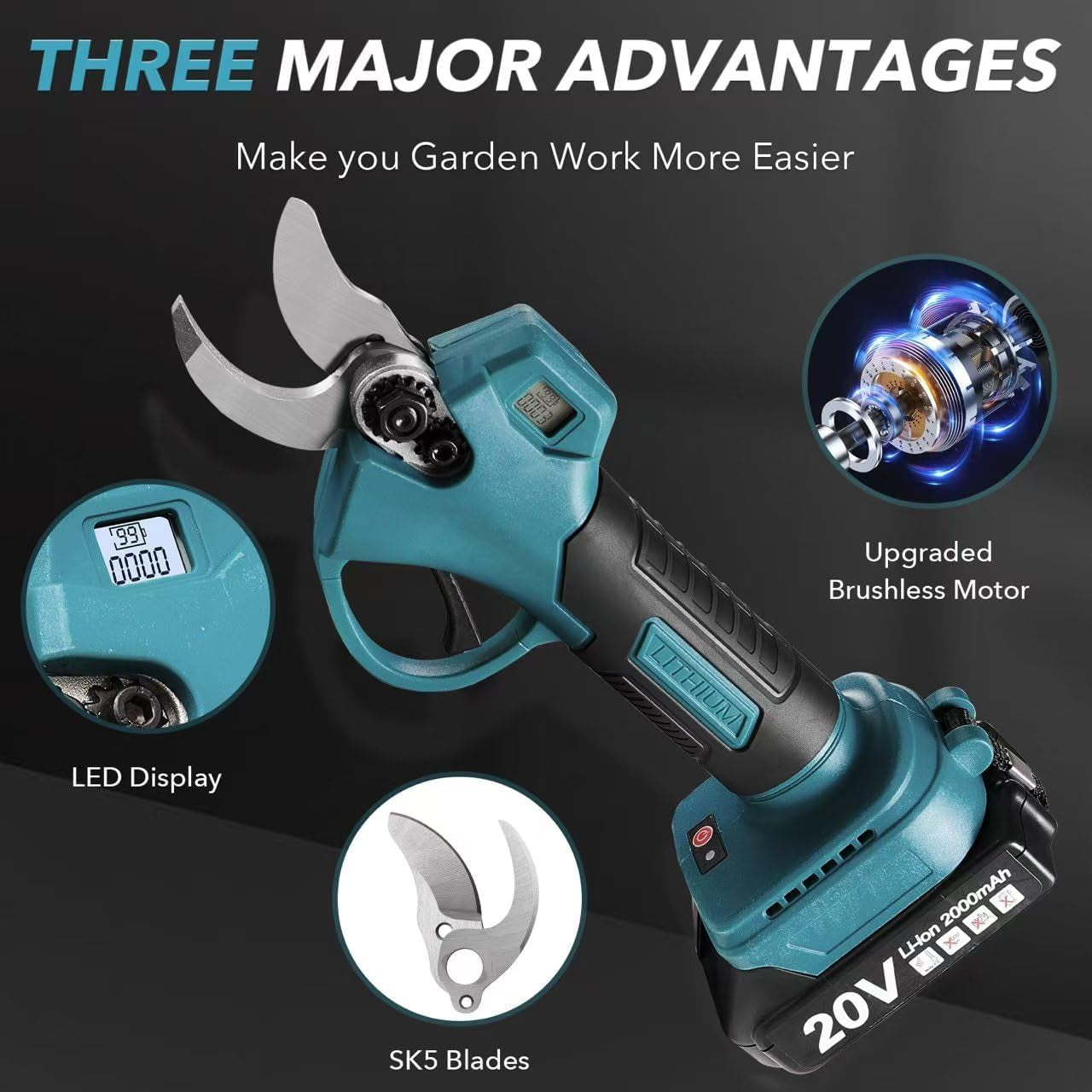 Electric Pruning Shears Cordless for Gardening - 1.2" Cutting Diameter Battery Powered Pruner with LCD Display & 2 Rechargeable Batteries, Brushless Power Pruner Heavy Duty for Tree Branch